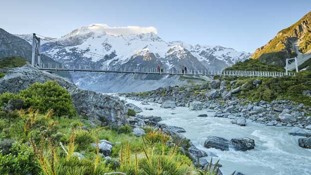 People on bridge on Hooker Valley Track Mount Cook New Zealand)